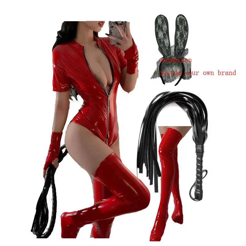 ecowalson Women Jumpsuit Sexy Soft Pu Leather Lingerie Female Bodysuit Open Zipper Erotic Latex Catsuit Pole Dance Uniform