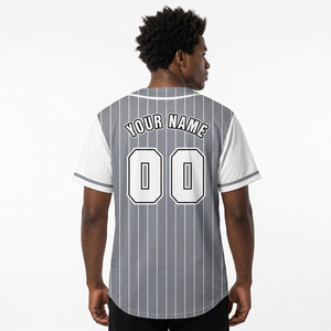 Maillot de baseball personnalisé pour homme, gris et blanc rayé, imprimé par transfert thermique, anti-humidité, manches courtes, col en V, nom et numéro de l'équipe 00 - Product Image 2