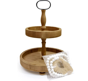 Soporte de bandeja de 2 niveles de madera personalizado, bandeja de servicio de decoración de madera con mango de Metal para cocina, sala de estar - Product Image 2