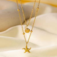 Collar de Acero Inoxidable Chapado en Oro Resistente al Agua con Diseño de Estrella de Mar y Concha de Doble Capa para el Verano