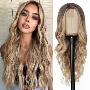 Perruque synthétique Lace Front Ombré <span class=keywords><strong>Blonde</strong></span> 28 pouces, Ondulation Naturelle, Vente en Gros Usine pour Femmes - Product Image 5