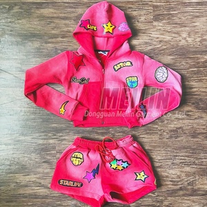 Custom Two Piece Applique Patch Cotton French Terry Green Acid Wash <b>Zip</b> <b>up</b> Hoodie and Shorts Set Tracksuits Sweatsuits Set Women - Product Image 3