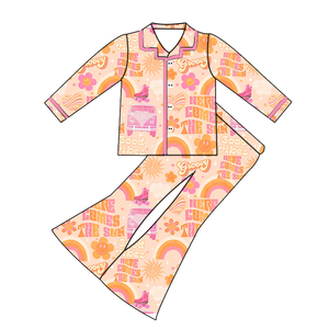 Pantalones acampanados con cintura elástica y un solo botón de manga larga para niñas pequeñas al por mayor, ropa de dormir familiar suave a juego para mamá e hija - Product Image 2