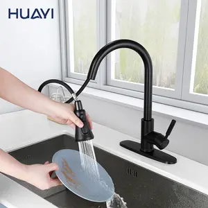 Huayi lavabo bataryası sıcak ve soğuk siyah mutfak muslukları aşağı çekin püskürtücü mutfak musluk
