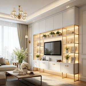 Meuble TV encastré moderne de luxe sur mesure, design en bois massif blanc avec étagères ouvertes et quincaillerie en laiton pour la maison - Product Image 6