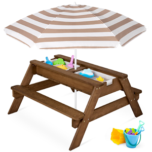 Meilleur Choix Table de Sable et d'Eau 3-en-1 pour Enfants, Parasol de Pique-Nique Extérieur Convertible, 2 Plateaux Amovibles, Capacité de 220 lb par personne - Product Image 1
