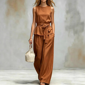 Conjunto de 2 Piezas para Mujer, Top sin Mangas con Cinturón y Pantalones Anchos de Cintura Alta, Elegante y Neutral, Ideal para la Oficina y <span class=keywords><strong>el</strong></span> Viernes Informal - Product Image 2