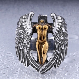 Angel <b>Ring</b> Punk Jewelry Hot Sell High Quality <b>Titanium</b> Steel Men's Headless Feather Angel Wings Cross <b>Ring</b> - Product Image 2