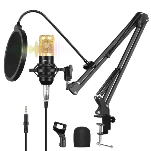Puluz mikrofon kondensor profesional, kit Mikrofon kondensor profesional dengan gunting suspensi lengan dan dudukan guncangan