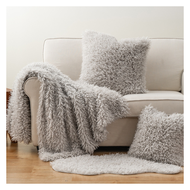 Soft Long Fur Faux Mongolian Curly Hair Throw Blanket Fluffy Cushion Pillow Set of Home Decor for Living Room Bedroom Sofa Couch