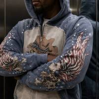 Fábrica de Ropa Urbana |   Sudadera con capucha y cremallera para hombre, con corte personalizado, lavado ácido, bordado de apliques, serigrafía y decoración de pedrería