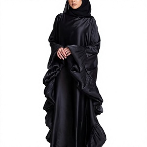 Abaya noire à volants, légère, faite à la main, Meera Fashion Designers, robe islamique modeste longue jusqu'au sol, style Moyen-Orient pour femmes - Product Image 3