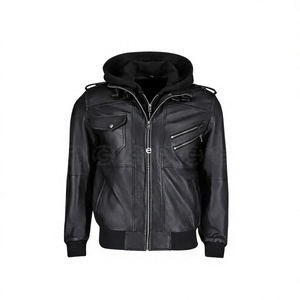 <b>Women's</b> Black Genuine <b>Leather</b> Zipper Slim Fit Hooded <b>Bomber</b> Winter <b>Jacket</b> OEM ODM Custom Logo Moto Biker Satin Lining Polyester - Product Image 1