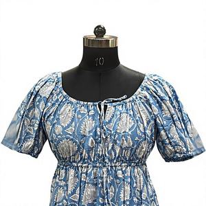 Vestido Maxi Boho de Algodón Tejido con Estampado Floral Azul, Manga Abullonada, Cintura Imperio, Corte A, para Uso Diario, con Cuello Cuadrado, Ajuste Relajado y Tejido Transpirable - Product Image 2