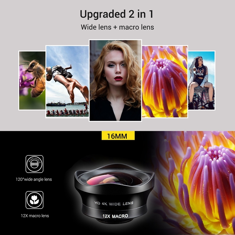Two in One 16mm Wide Lens + 12X Macro Lens Set Clip-on Phone Camera Lens Add-on Lenses Kit