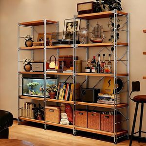 Modular Steel And Wood Bookshelf 3 Tier Floor Standing Living Room Storage Shelf With <b>Vinyl</b> Record Display Rack - Product Image 1