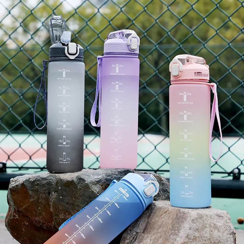 Bottiglia di sport all'aperto portatile all'ingrosso della fabbrica della palestra porti di Fitness motivazionali del tempo di allenamento di plastica bottiglie di acqua