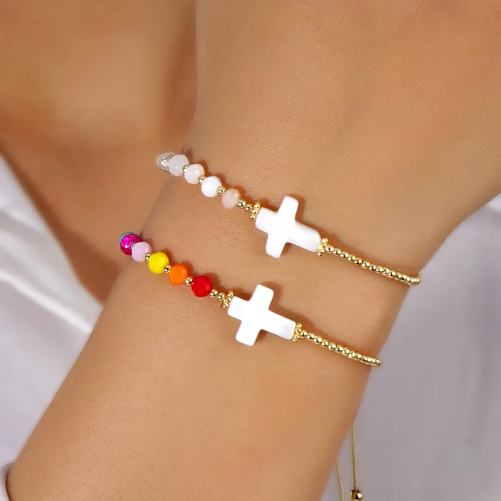Go2boho Kristall Perlen Armband Frauen Pulsera Modeschmuck Shell Charm Cross Boho Handmade String Vergoldete Perlen Armband
