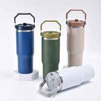 Bouteille d'eau isotherme sous vide en acier inoxydable anti-fuite de 30 oz avec poignée et paille pour voiture et bureau – Vente en gros usine