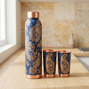 Botella de Agua Azul Marino con Diseño Paisley Dorado y Dos Tazas a Juego, Portátil y Ecológica - Product Image 1