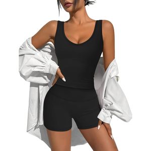 Women 2 Piece Workout Set <b>Crop</b> Tank <b>Top</b> High Waisted Shorts Athletic Yoga Activewear Spandex Polyester Breathable - Product Image 2
