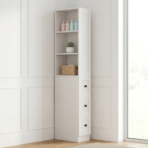 Modern Durable <strong>Bathroom</strong> Storage <strong>Cabinet</strong> <strong>Tall</strong> Thin White with 3 Adjustable Shelves &amp; 3-level Drawers for Apartment &amp; Hotel Use - Product Image 1