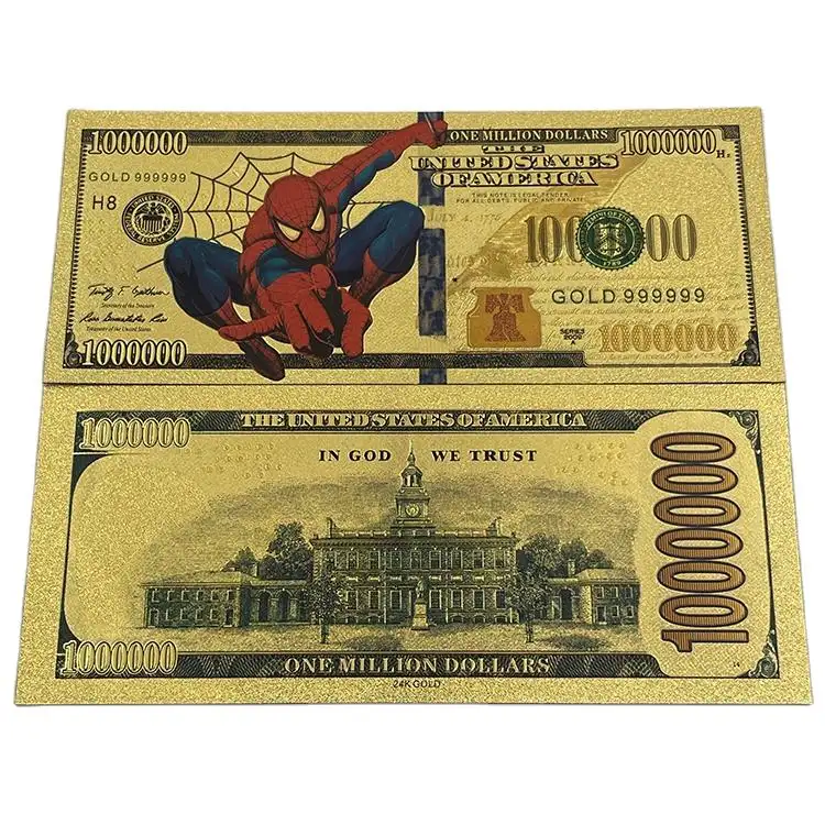 Stok tersedia uang AS 100 dolar Mar-vel film hero spider-man koleksi 24k uang kertas berlapis emas