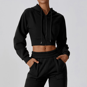 Heavyweight Terry Autumn 100% Cotton Breathable Casual <b>Crop</b> <b>Zip</b>-<b>Up</b> Hoodie and Joggers Set with Front Logo for Women - Product Image 3