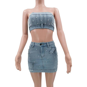 2024 nueva moda tubo Top y minifalda verano mujeres Denim trajes conjunto sin tirantes Crop Top mujer 2 piezas falda conjunto - Product Image 2