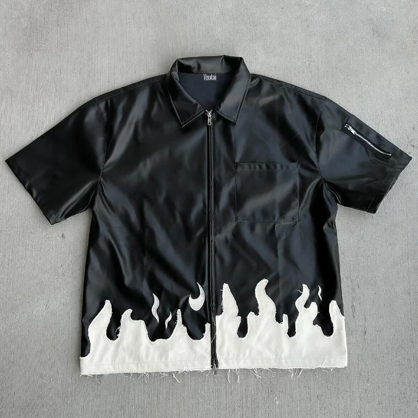 トップス AMERI FAKE LEATHER EMBROIDERY SHIRT Amiri Arts District Camp Faux Leather Short-Sleeve Shirt
