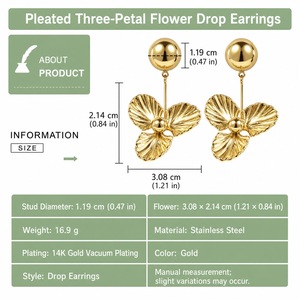 Pendientes de Flor de Tres Pétalos en Acero Inoxidable con Baño de Oro de 14K, Joyería Floral Colgante - Product Image 5