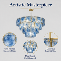 Lustre contemporain en acrylique bleu avec cadre en laiton, luminaire suspendu LED pour salle à manger, lampe de plafond grande taille, blanc chaud 2700K