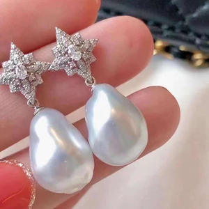 S925 Silver DIY Pearl Accessories Empty Support <b>Snowflake</b> Silver <b>Earrings</b> with 9-13mm Round Beads 21176 Model - Product Image 2