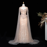 Lsz018 Superbe Robe de Soirée Rose Nude Coupe Sirène avec Décolleté Goutte d'Eau et Manches Cape Perlées pour Soirée Formelle et Cocktail Jancember