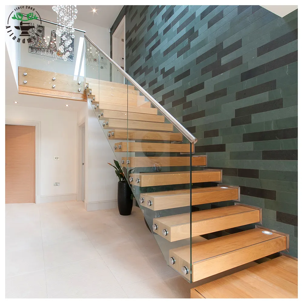 Satin stainless steel handrail glass railing wooden oak staircase floating stairs with cantilever stair stringer