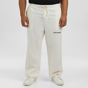 Pantalon décontracté d'été pour homme grande taille en mélange de lin, taille élastique avec cordon de serrage, coupe décontractée, jambe droite - Product Image 1