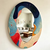 Miroir mural décoratif ovale irrégulier avec cadre en bois, impression arc-en-ciel, art abstrait personnalisé pour la décoration murale de la maison