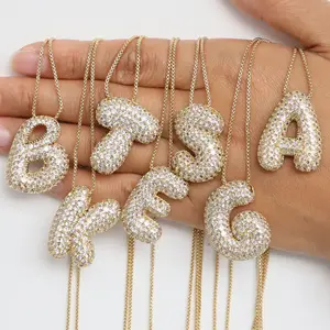 Hot Sale Gold Plated Alphabet Initial Necklace Brass Zircon Balloon Bubble Chubby 26 English Letter Necklace For Women Gift