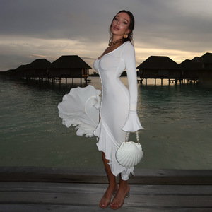 Robe de soirée style européen-américain à col en V, manches longues, volants sur les côtés, fente latérale, taille naturelle, respirante, pour les loisirs - Product Image 4