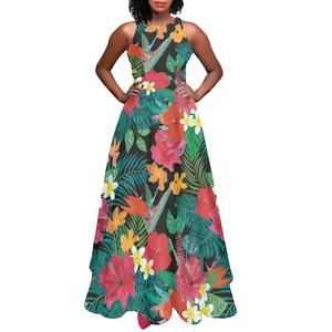 섹시한 슬링 긴 드레스 하와이 히비스커스 꽃 야자수 잎 럭셔리 디자인 숙녀 이브닝 드레스 우아한 도매 여성 의류