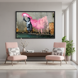 Printed Canvas: Banksy Migrant Child Graffiti Art, Elegant Home Decor,<b>BLACK</b> <b>FRAMED</b> CANVAS - Product Image 3