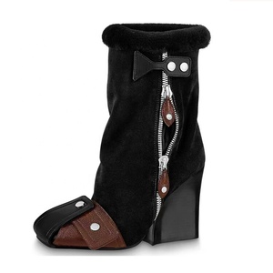 Winter Fur Top Block Heel Square Toe Women Ankle <b>Boots</b> Side Zipper Mixed Color Belt Buckle Short Booties Ladies Flock Shoes - Product Image 1