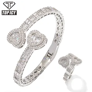 Hip Hop Jewelry Iced out heart bangle ring set bling bling baguette CZ Adjustable size women street heart bracelet heart ring