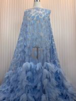 Tissu en dentelle à sequins 3D de luxe, motif feuille, violet, lourdement perlé, avec volants en tulle pour robe de soirée haute couture et robe de mariée