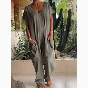 Tuta estiva da <span class=keywords><strong>donna</strong></span> 2026 transfrontaliera europea e americana, popolare, tinta unita, scollo a V, con tasche grandi, traspirante e vestibilità ampia - Product Image 4