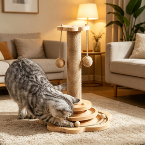 Centro Attività per Animali Domestici da Interno con Base in Legno Massello, Palo Rivestito in Sisal e Pista Interattiva con Palline per l'Esercizio e l'Arrampicata dei Gattini - Product Image 1