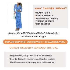 Nuovo <span class=keywords><strong>Abito</strong></span> Lungo da Donna 2026 Vintage Primavera Estate Stile Francese con Scollo a V <span class=keywords><strong>Blu</strong></span> a <span class=keywords><strong>Maniche</strong></span> <span class=keywords><strong>Lunghe</strong></span> con Cintura Floreale Effetto Slim in Poliestere - Product Image 3