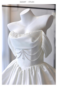 S0437Y Nouvelle <span class=keywords><strong>Robe</strong></span> de Mariée Légère en Satin Épaules Dénudées Style Court Français pour Anniversaire, Fête, Banquet, Petite <span class=keywords><strong>Robe</strong></span> de Soirée Blanche - Product Image 3