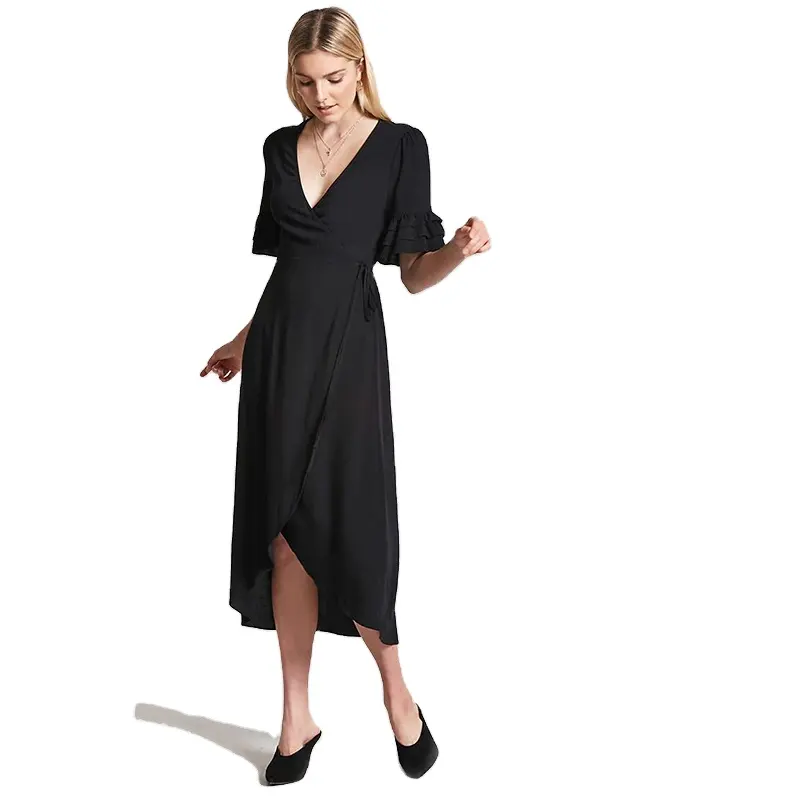 KY surplice neckline self-tie wrap-front short tiered ruffle belly sleeves tulip hem Wrap Front black dresses elegant women