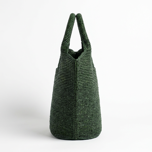 Dark Green Raffia Woven Lightweight Tote <b>Bag</b> with Zipper Closure Handmade for Beach Travel & Daily Use - Product Image 2
